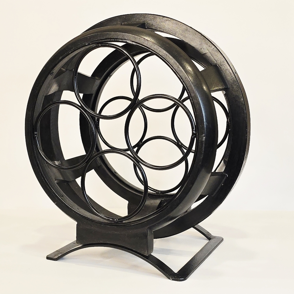 VTG Rare MCM 4 Bottle Black Metal Wood Round Wine Rack Rustic Gothic Medieval